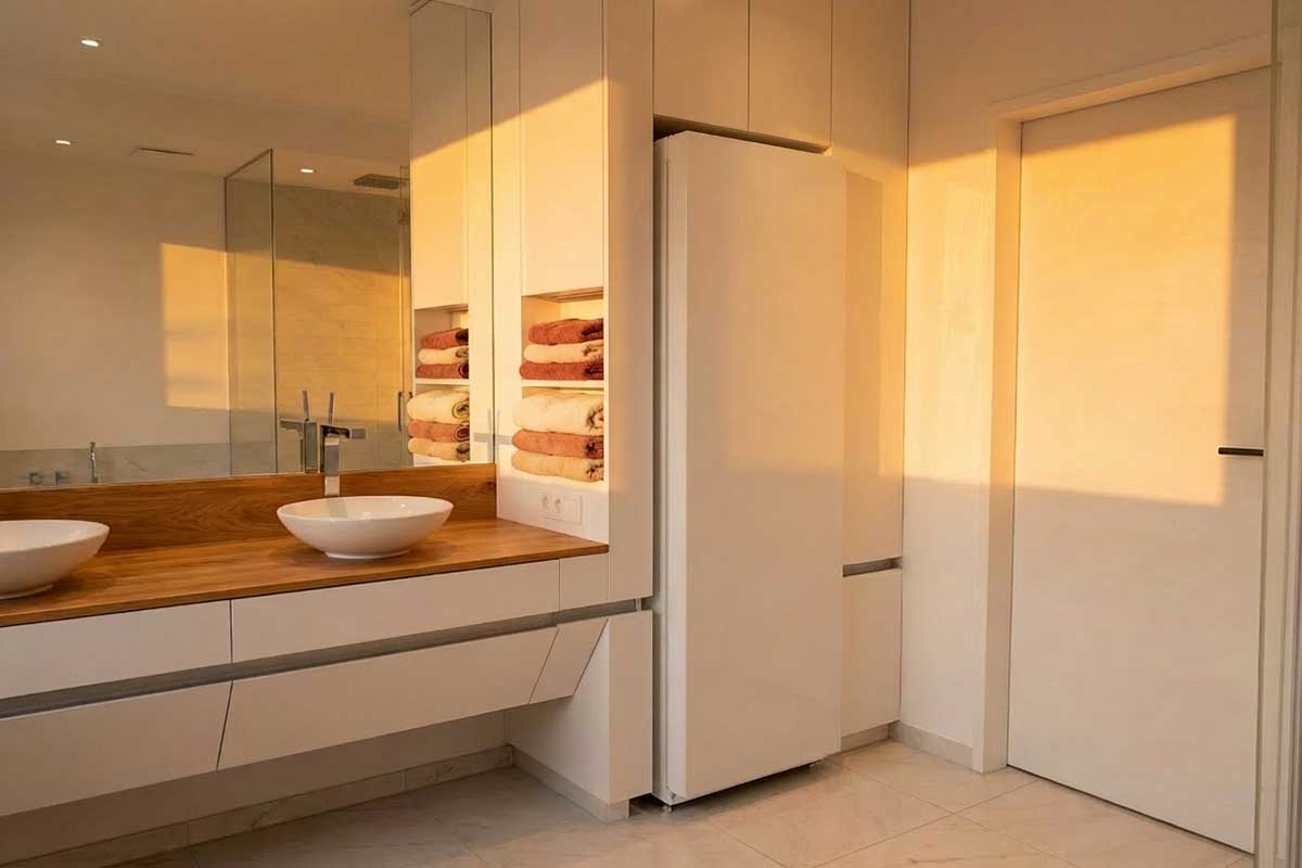 Heller Wohnbereich mit unsichtbar integriertem Wärmeerzeuger hinter Einbauschrank