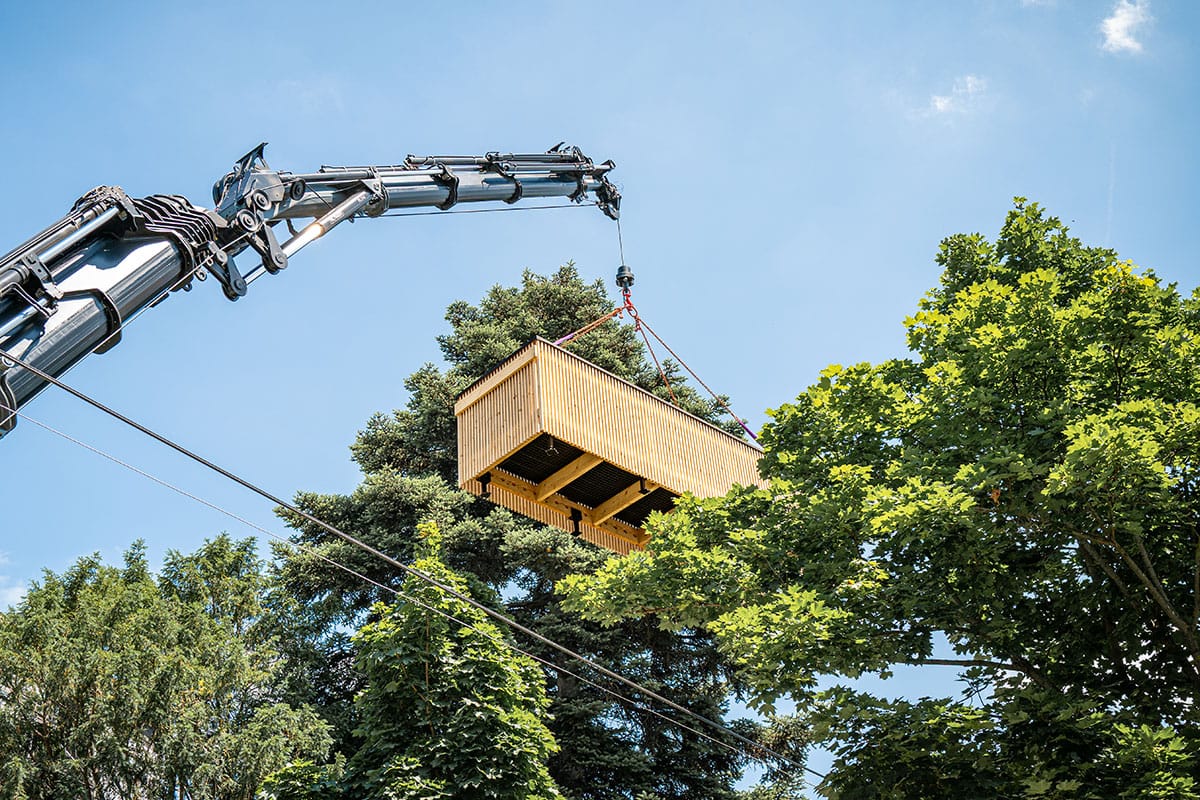 Kran hebt ein vorgefertigtes Holzmodul über Baumkronen